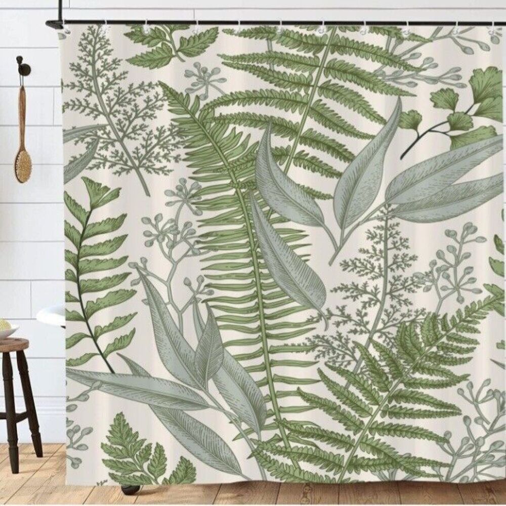Sage Green Leaves Shower Curtain, Plant Bathroom Shower Curtain, Waterproof.